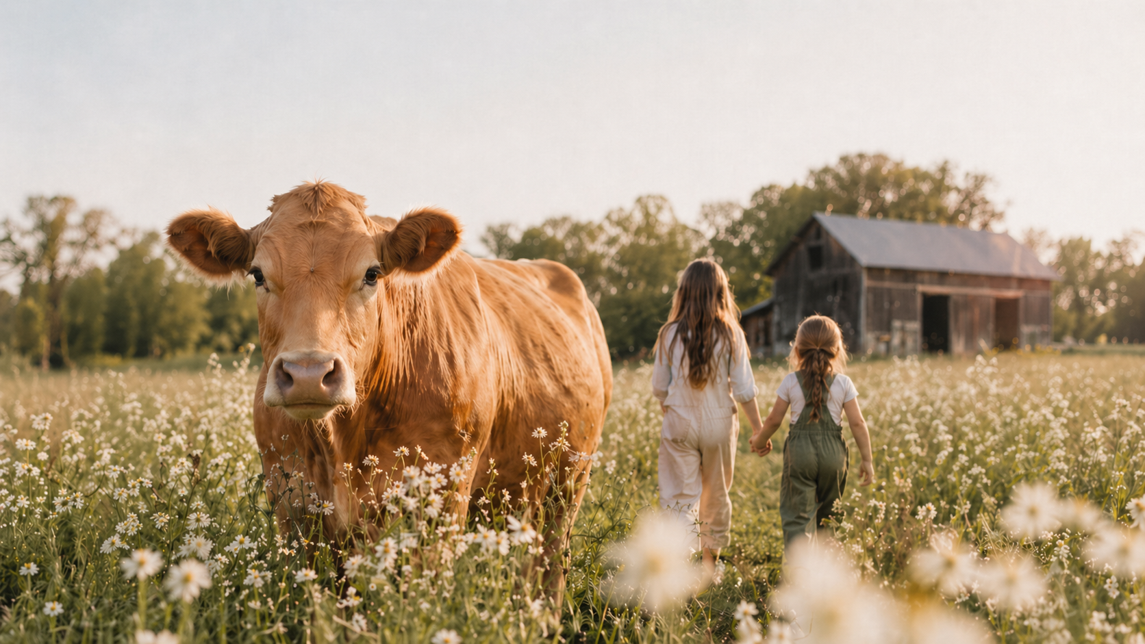 A cow in a flower field with two children walking toward a barn